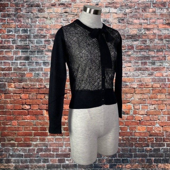 Jawbreaker Web Lace Cardigan with Chiffon Tie Black - Picture 3 of 5